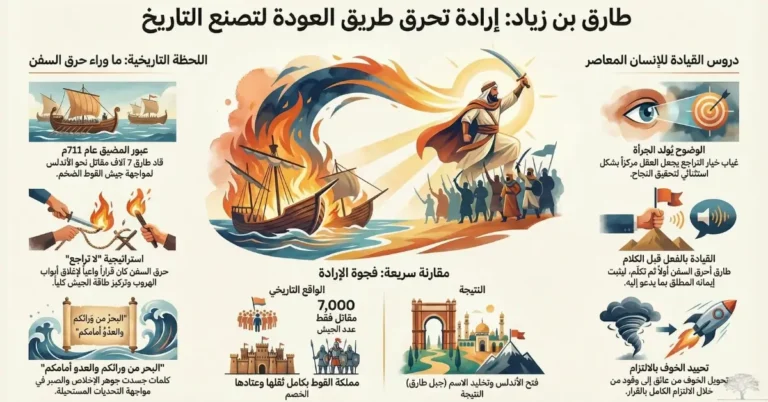 رسم توضيحي لطارق بن زياد واقفاً أمام سفن مشتعلة وجيشه خلفه، في مشهد يجسد لحظة تاريخية حاسمة من فتح الأندلس ومعاني الشجاعة والقيادة.