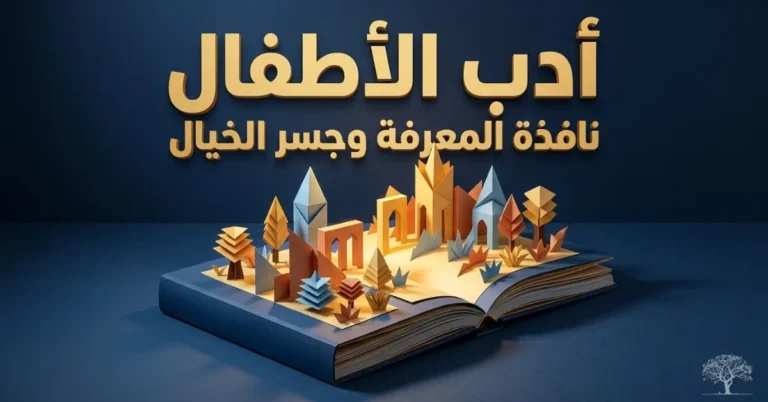 كتاب مفتوح بتصميم فني يعرض أشكالًا خيالية وأبراجًا ورقية ترمز إلى عالم أدب الأطفال والخيال والمعرفة