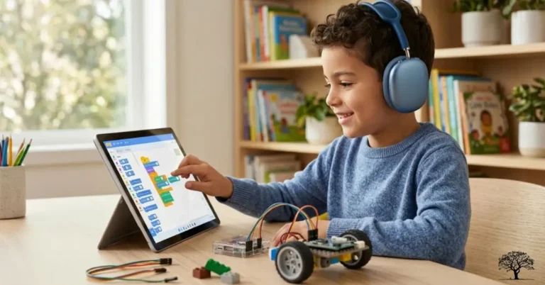 طفل يستخدم جهازًا لوحيًا لتعلم البرمجة مع روبوت صغير وأدوات إلكترونية على الطاولة