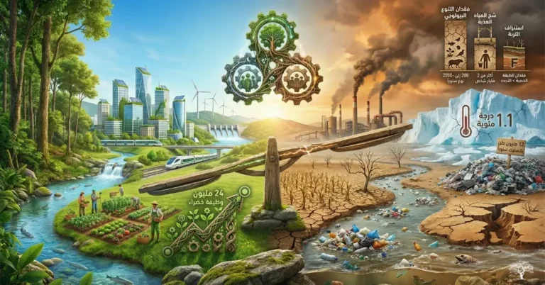 مشهد يقارن بين عالم مستدام أخضر وآخر ملوث يعاني من التغير المناخي، مع ميزان يرمز إلى مستقبل البيئة
