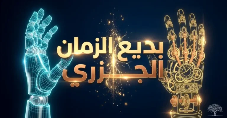تصميم فني يُظهر يدًا روبوتية حديثة تقابل يدًا ميكانيكية قديمة ترمز إلى ابتكارات الجزري في الهندسة والآلات