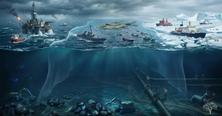 مشهد يوضح صراعًا بحريًا على الموارد الطبيعية تحت الماء يشمل منصات نفط وسفن وأنابيب بحرية في المناطق القطبية