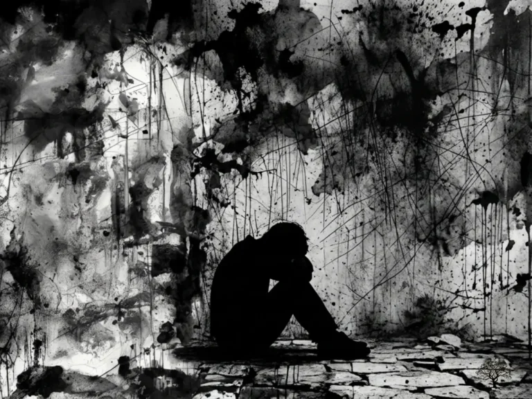 لوحة فنية باللونين الأبيض والأسود تظهر ظلاً لشخص يجلس في حالة يأس وسط خلفية من بقع الحبر والخدوش التعبيرية.