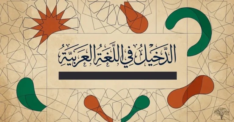 تصميم عربي يحمل عنوان الدخيل في اللغة العربية مع رموز وأشكال هندسية تعكس تطور اللغة وتأثير الكلمات الدخيلة
