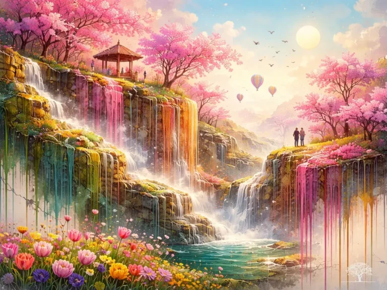منظر خيالي لشلالات ملونة بين أشجار مزهرة بالوردي، مع سماء مشرقة وبالونات هواء وشخصين يقفان في طبيعة حالمة.