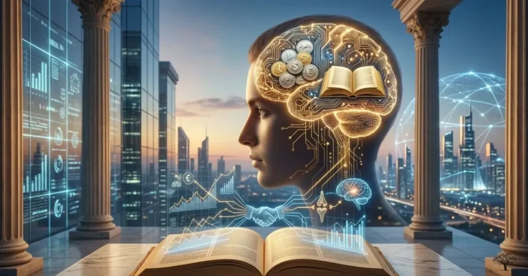 صورة تجسّد العلاقة بين العقل والمال عبر دماغ رقمي يحتوي على رموز مالية وكتاب، في خلفية مدينة مستقبلية