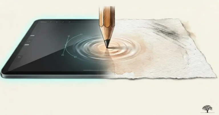 صورة تجمع بين الرسم الرقمي على جهاز لوحي والرسم التقليدي بالقلم على الورق في مشهد واحد