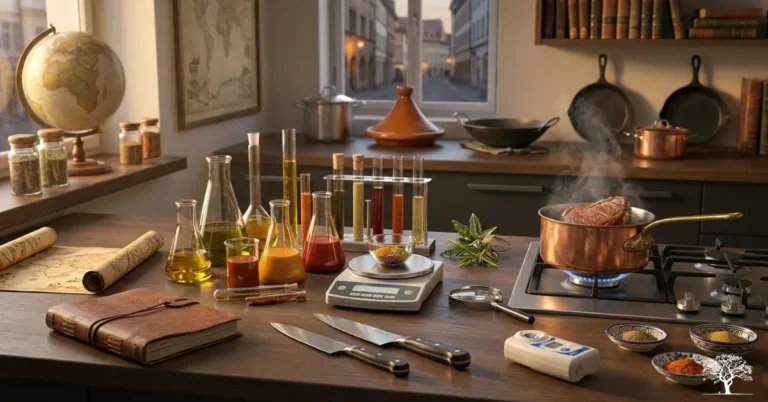 مختبر طهي منزلي يحتوي على أدوات كيميائية وتجارب غذائية أثناء إعداد الطعام
