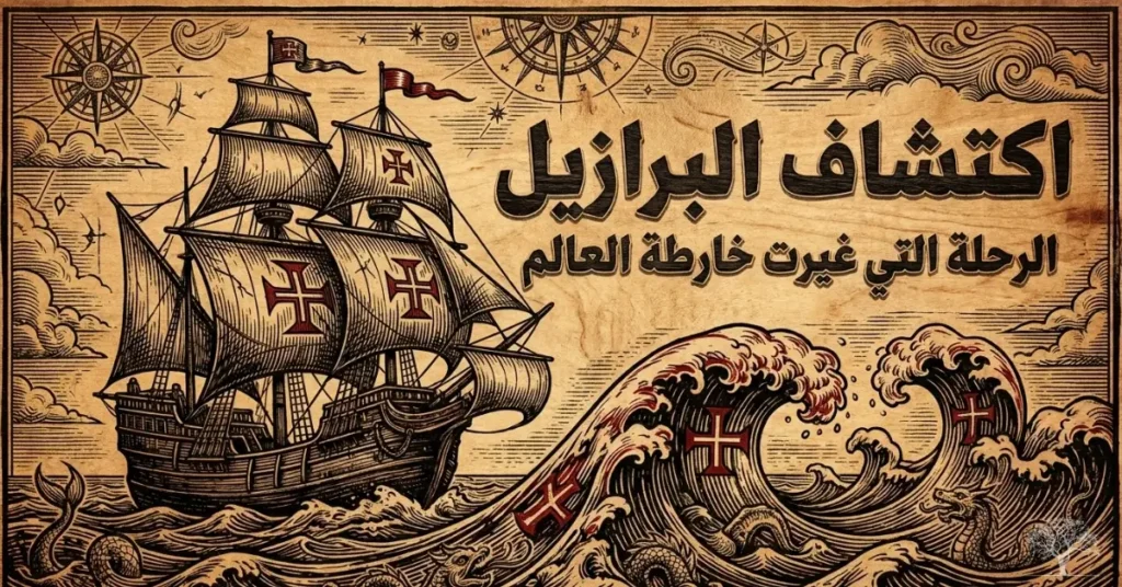 سفينة بحرية تاريخية تبحر وسط أمواج المحيط في مشهد مستوحى من رحلات اكتشاف البرازيل القديمة