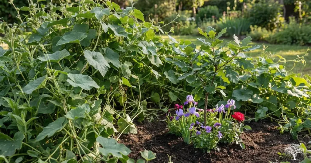 حديقة تضم نباتات برية متشابكة وأعشابًا ضارة تحيط بزهور مزروعة بعناية، ترمز إلى صراع الخير والشر في النمو والبقاء.