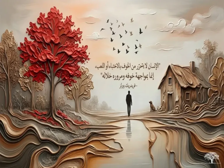 مشهد فني لشخص يسير نحو الأفق بين شجرة حمراء وبيت قديم مع اقتباس عن مواجهة الخوف والتحرر منه