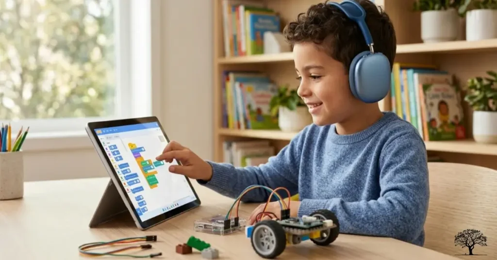 طفل يستخدم جهازًا لوحيًا لتعلم البرمجة مع روبوت صغير وأدوات إلكترونية على الطاولة