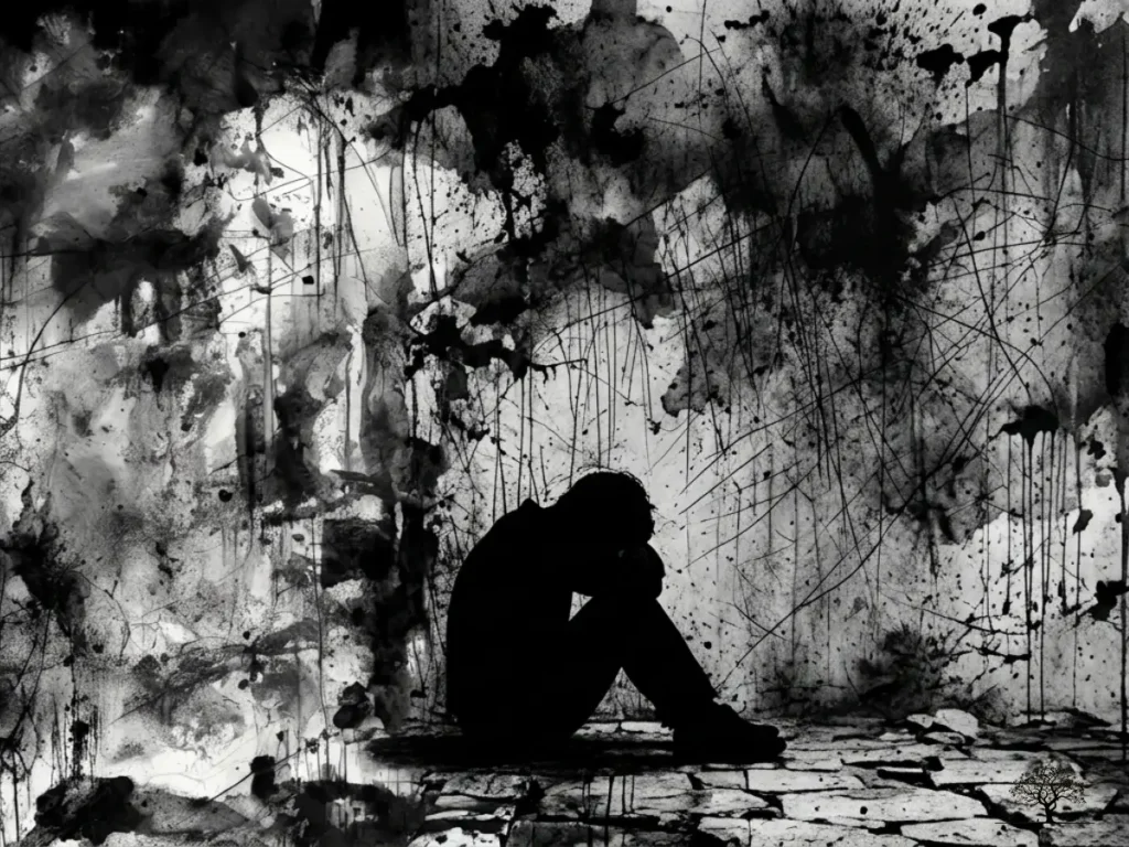 لوحة فنية باللونين الأبيض والأسود تظهر ظلاً لشخص يجلس في حالة يأس وسط خلفية من بقع الحبر والخدوش التعبيرية.