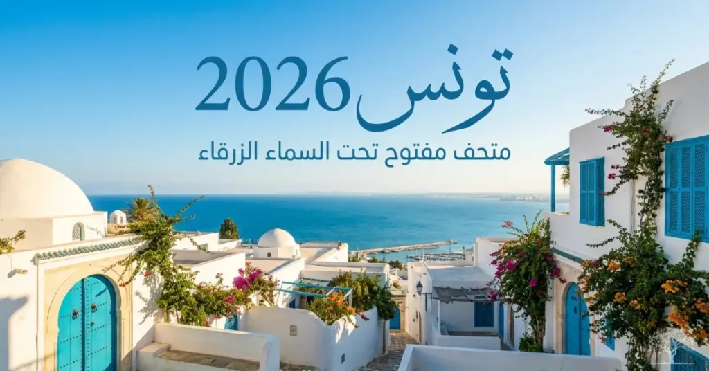 مشهد لمدينة سيدي بوسعيد في تونس بمنازلها البيضاء وأبوابها الزرقاء المطلة على البحر المتوسط