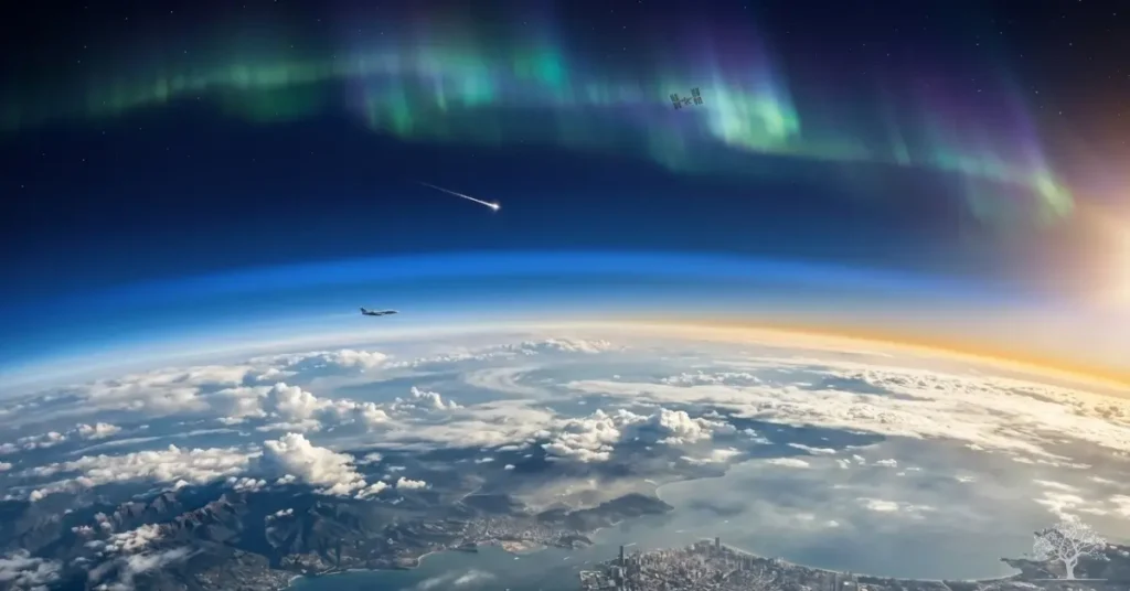 مشهد للأرض من الفضاء يظهر طبقات الغلاف الجوي مع الشفق القطبي وسحب تغطي سطح الكوكب