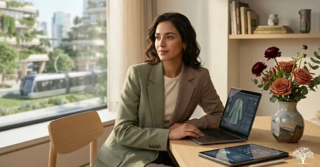 امرأة عصرية تعمل على تصميم أزياء باستخدام جهاز لوحي وحاسوب محمول، في بيئة حديثة تعكس تكنولوجيا الجمال والموضة المستدامة في عام 2026