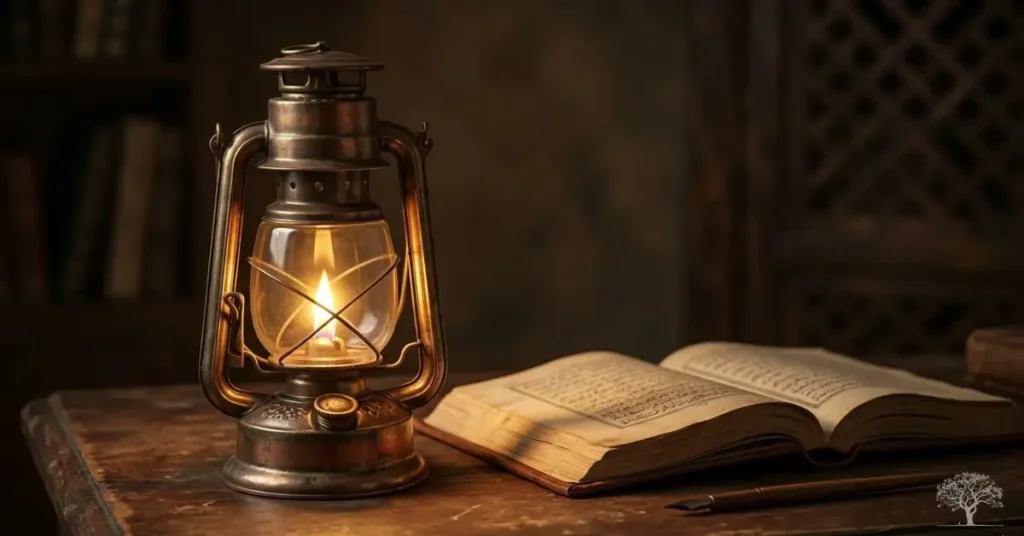 مصباح زيتي قديم مضيء بجانب كتاب مفتوح في أجواء هادئة توحي بالمعرفة والتأمل
