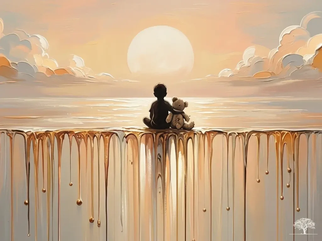 طفل صغير يجلس بجانب دميته أمام البحر عند الغروب، بألوان ذهبية دافئة تعكس الهدوء والبراءة.