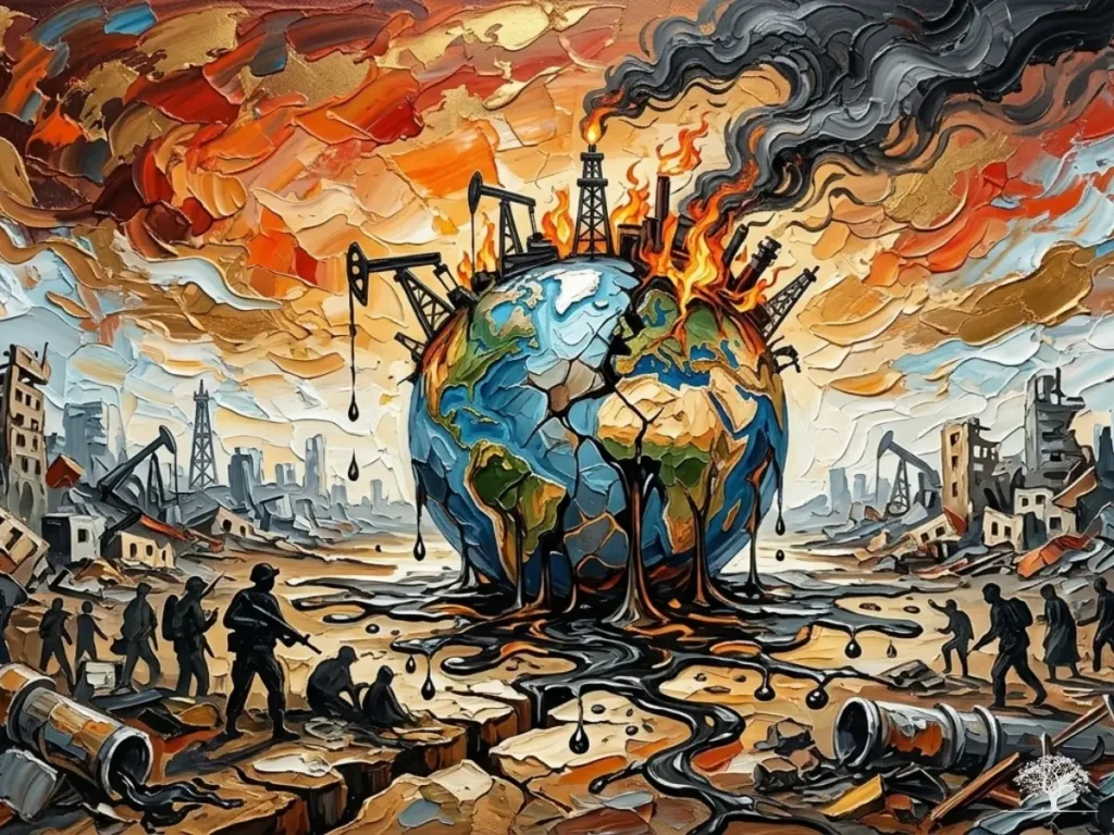 لوحة فنية تعبيرية لكوكب الأرض متشقق ومحترق، تحيط به آبار النفط والدخان، مع مشهد دمار بيئي يعكس آثار التلوث والصناعة.