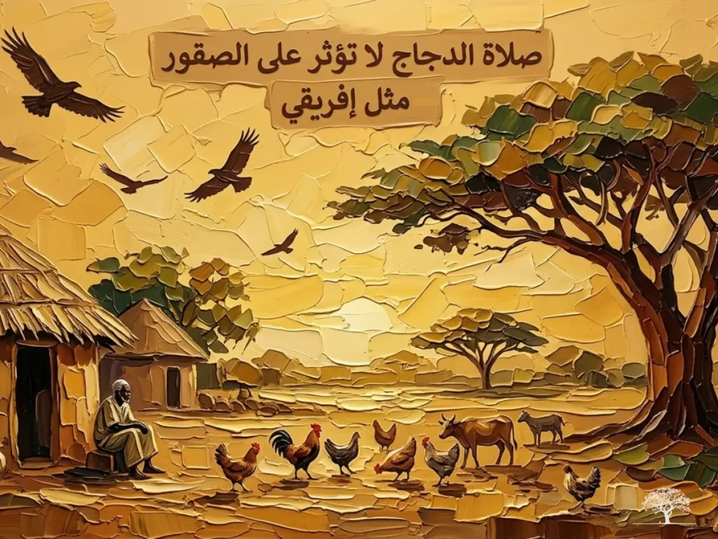 لوحة فنية مستوحاة من البيئة الإفريقية تضم دجاجًا وصقورًا في مشهد ريفي مع مثل إفريقي عن القوة والتأثير