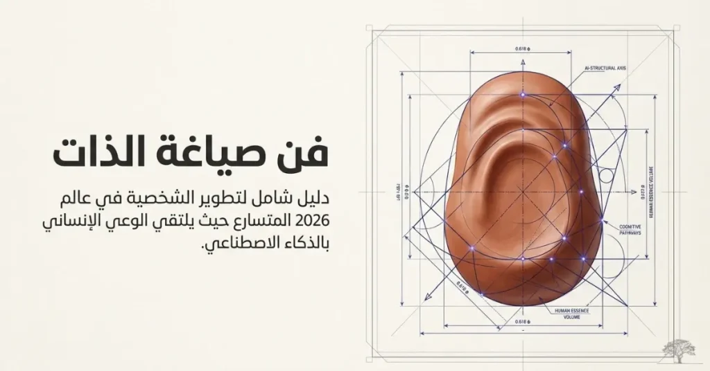 تصميم فني يدمج بين شكل أذن بشرية وهندسة رياضية، يرمز إلى تطوير الذات والوعي في عصر الذكاء الاصطناعي