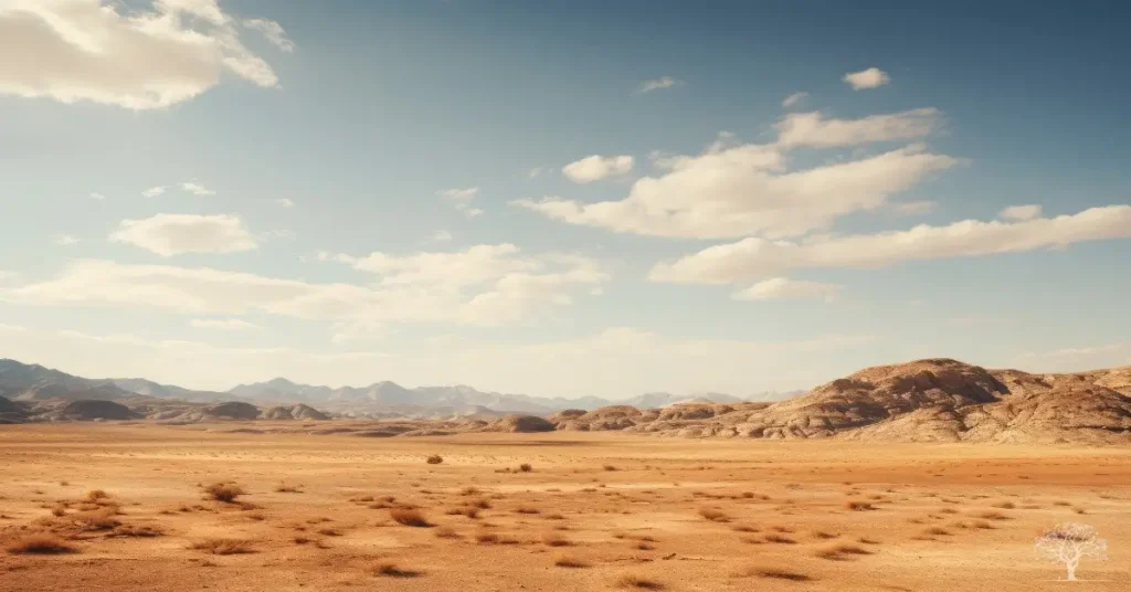 مشهد لصحراء واسعة وجبال بعيدة تحت سماء صافية، يرمز إلى رحلة السيدة هاجر في الصحراء وقصة الصبر واليقين.
