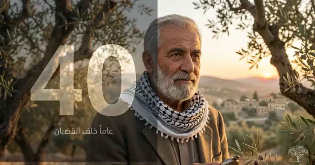 رجل مسنّ بملامح هادئة ووجه يحمل آثار الزمن، يقف بين أشجار الزيتون عند الغروب، في مشهد يرمز للصمود والأمل بعد سنوات طويلة من الأسر.