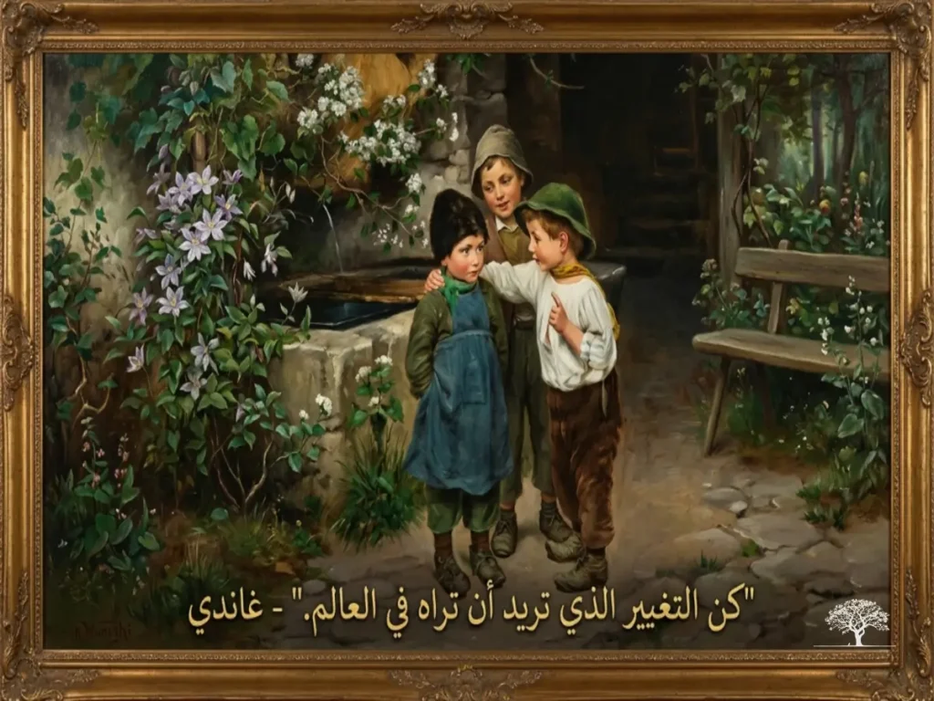 لوحة فنية لأطفال يتحدثون في حديقة طبيعية مع اقتباس “كن التغيير الذي تريد أن تراه في العالم”