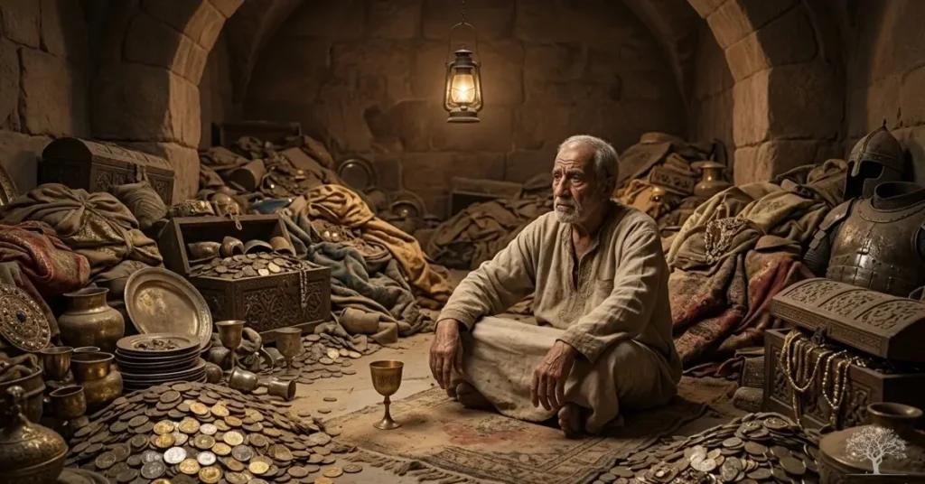 رجل مسن يجلس داخل مخزن مليء بالعملات الذهبية والمقتنيات القديمة في أجواء مظلمة وتأملية