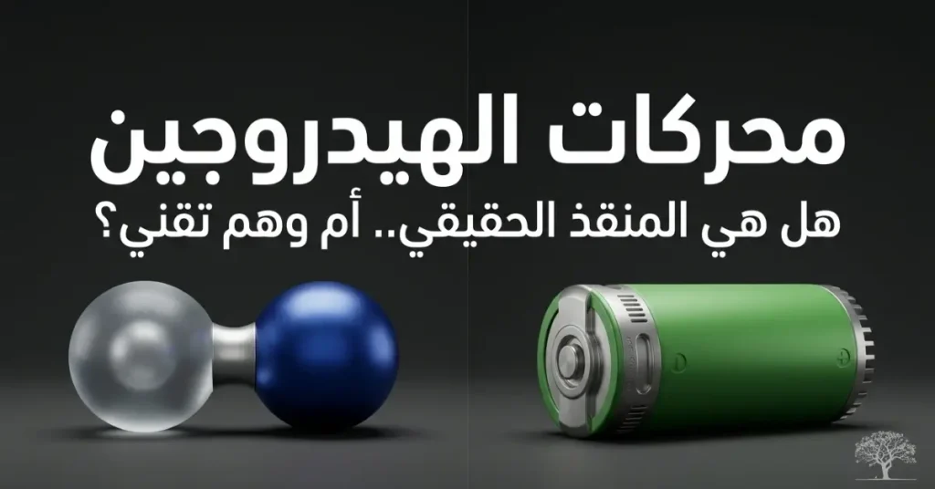 تصميم يوضح مقارنة بين جزيء الهيدروجين وبطارية خضراء يرمز إلى محركات الهيدروجين كمصدر طاقة بديل