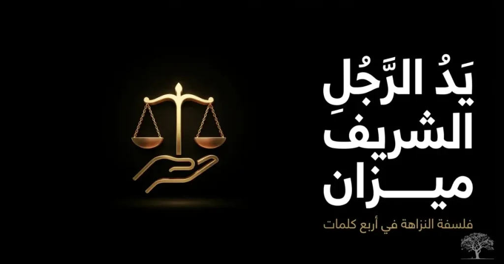رمز ميزان ذهبي فوق يد مفتوحة على خلفية سوداء مع عبارة عن الشرف والعدل