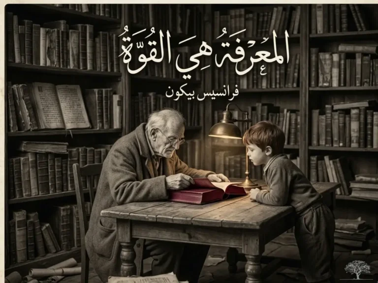 رجل مسن يقرأ كتابًا لطفل داخل مكتبة قديمة مع اقتباس عربي يقول: المعرفة هي القوة &ndash; فرانسيس بيكون.