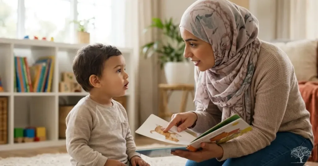 أم ترتدي الحجاب تجلس على الأرض وتقرأ كتاباً مصوراً لتشجيع طفلها الصغير على الكلام وعلاج التأخر اللغوي في بيئة منزلية مريحة.
