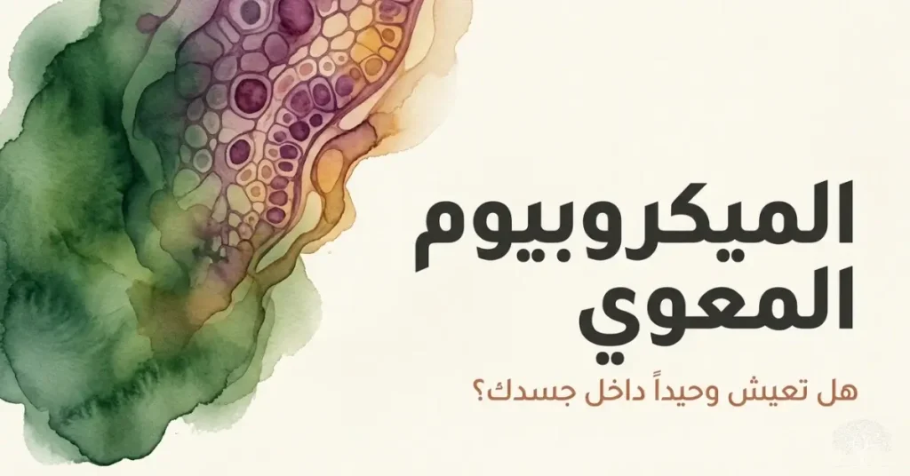 رسم فني يرمز إلى الميكروبيوم المعوي والكائنات الدقيقة التي تعيش داخل جسم الإنسان وتأثيرها على الصحة والمناعة.