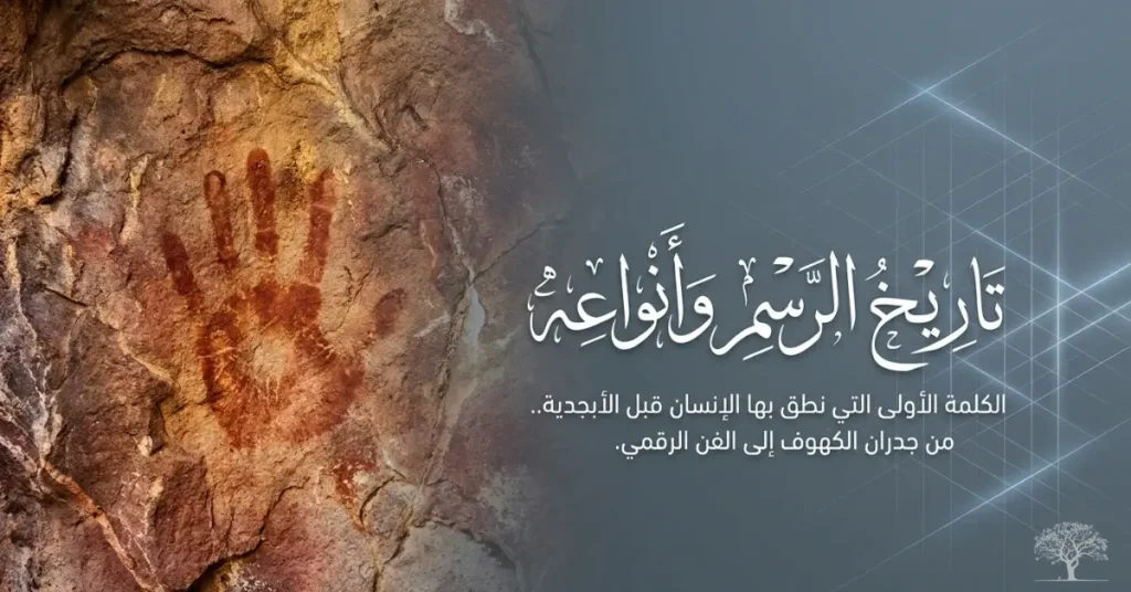 رسم يد على جدار كهف قديم يرمز إلى بدايات الفن والرسم عبر التاريخ وتطور التعبير البصري من العصور القديمة إلى الفن الحديث.