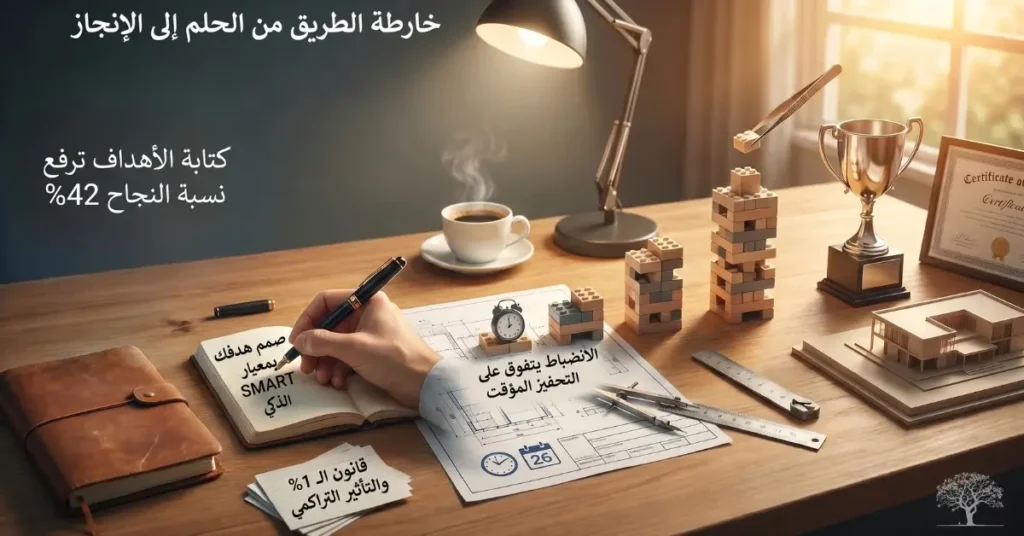صورة ملهمة تُظهر تخطيط الأهداف وبناء النجاح خطوة بخطوة عبر الكتابة والتنظيم والانضباط لتحقيق الأحلام والطموحات.