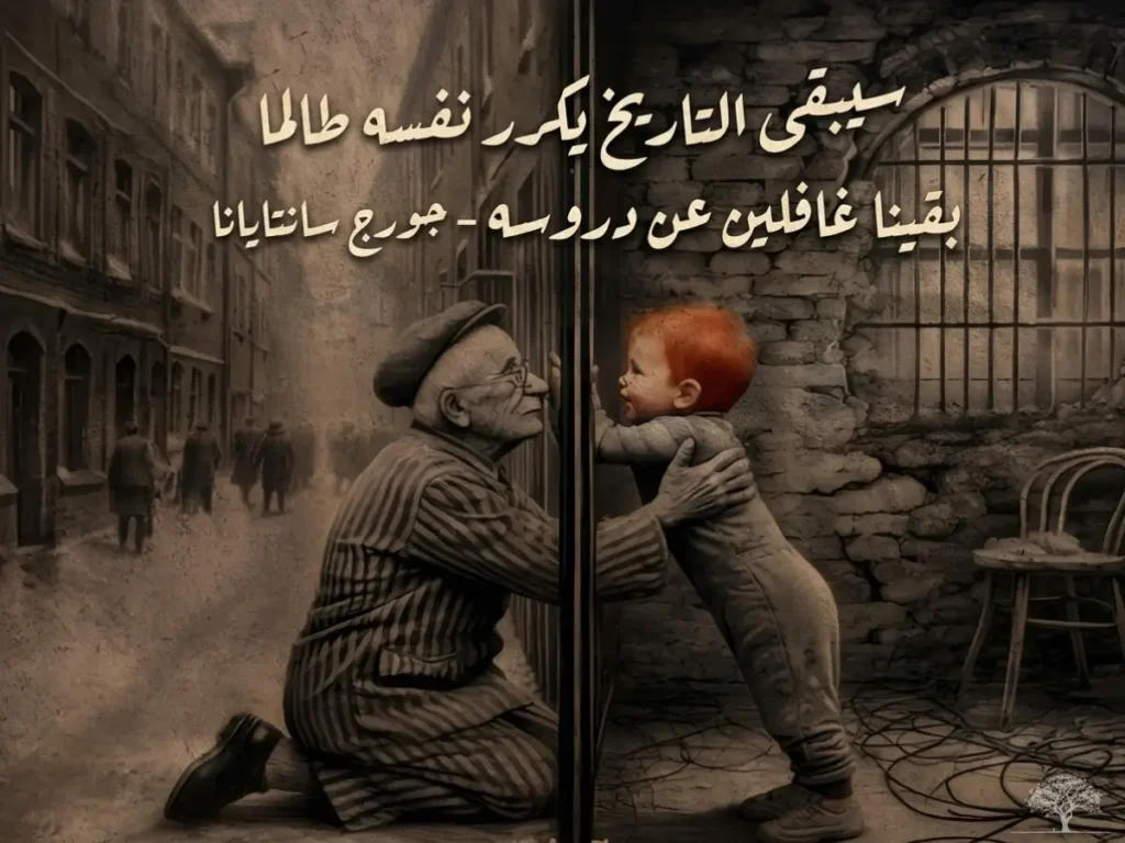 لوحة فنية مؤثرة لرجل مسن خلف قضبان يلامس طفلًا صغيرًا مع اقتباس عربي لجورج سانتايانا عن التاريخ وتكرار الأخطاء.
