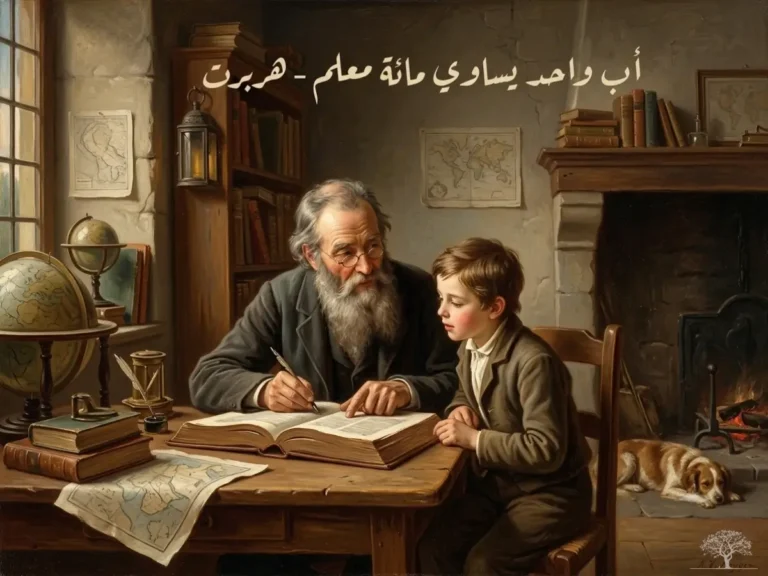 لوحة فنية دافئة تُظهر أبًا مسنًا يعلّم طفلًا صغيرًا على طاولة مليئة بالكتب والخرائط، مع اقتباس: "أب واحد يساوي أمة عالم" &ndash; هربرت.