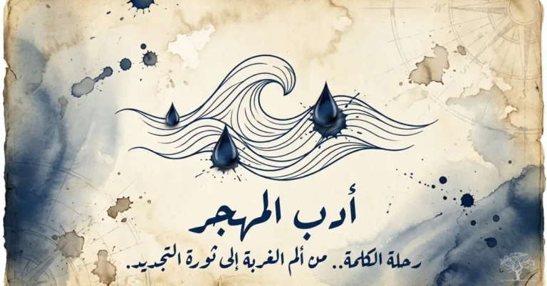 تصميم فني يرمز إلى أدب المهجر، يظهر قطرات حبر وأمواجًا متداخلة فوق خلفية ورقية قديمة مع عنوان حول رحلة الأدباء العرب من الغربة إلى التجديد الأدبي.