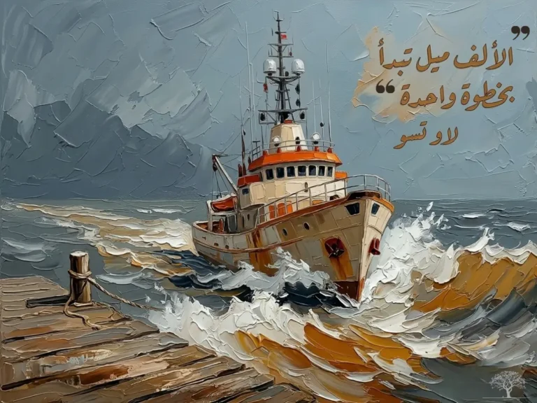 لوحة فنية لسفينة تشق أمواج البحر الهائجة قرب رصيف خشبي، تتضمن اقتباس: "الألف ميل تبدأ بخطوة واحدة" &ndash; لاو تزو.