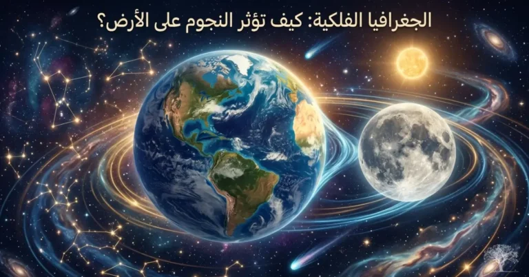 كوكب الأرض والقمر محاطان بالمدارات الفلكية، المجموعات النجمية، والمذنبات في الفضاء، لتجسيد مفهوم الجغرافيا الفلكية وتأثير النجوم على الأرض.