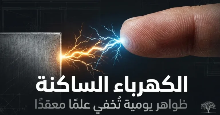 شرارة كهربائية ناتجة عن الكهرباء الساكنة تنتقل بين جسم معدني وإصبع إنسان، في مشهد يوضح تراكم الشحنات الكهربائية وتفريغها.