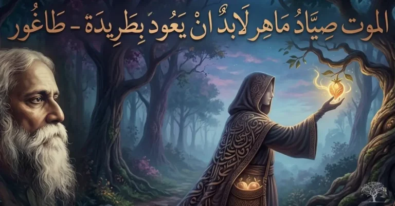 رسم توضيحي فني يجمع بين الشاعر طاغور وشخصية غامضة تتلقى ثمرة مشعة من شجرة قديمة في غابة ليلية، مع اقتباس عربي في الأعلى: 'الموت صياد ماهر لابد ان يعود بطريدة - طاغور'.