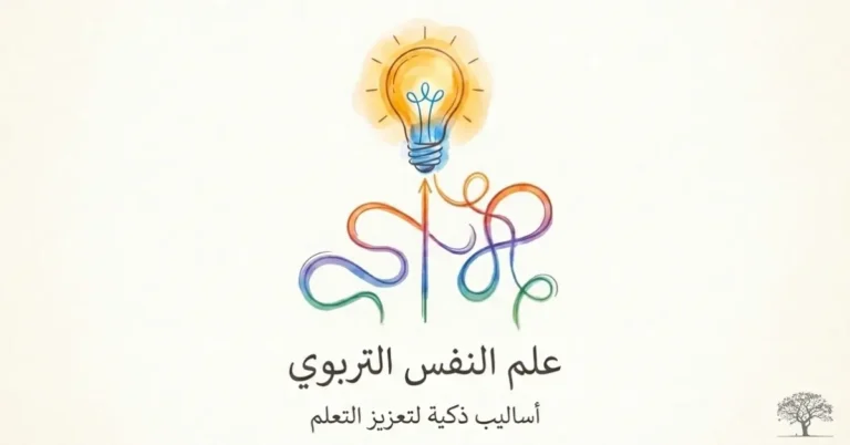 رسم توضيحي لمصباح مضيء تتفرع منه خطوط ملونة ترمز إلى التفكير والتعلم والإبداع، مع عنوان حول علم النفس التربوي وأساليب تعزيز التعلم لدى الأطفال.