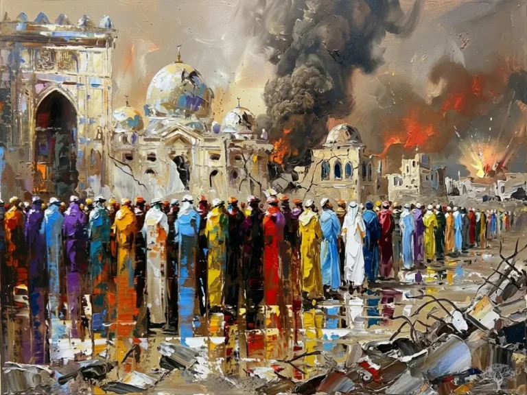 حشود من الناس يقفون أمام مسجد تاريخي وسط مدينة مدمرة تشتعل فيها الحرائق ويتصاعد منها الدخان، في مشهد فني يجسد معاناة المدنيين وصمودهم أثناء الحروب.