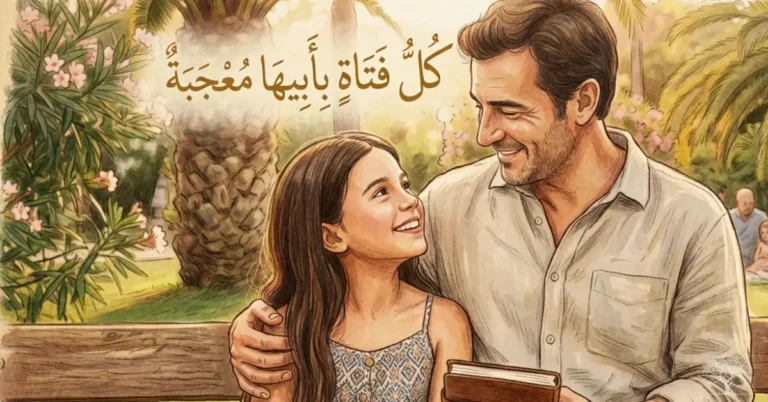 أب يجلس مع ابنته في حديقة ويتبادلان نظرات المحبة والاعتزاز في مشهد عائلي دافئ