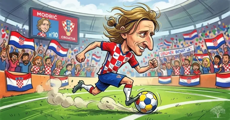 رسم كاريكاتوري للاعب كرة القدم الكرواتي لوكا مودريتش وهو يراوغ الكرة في ملعب ممتلئ بالجماهير، في إشارة إلى رحلته الملهمة من طفولة الحرب إلى قمة المجد العالمي.