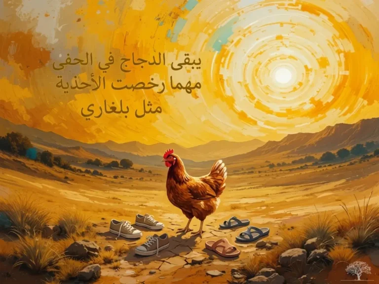 لوحة فنية لدجاجة تقف في أرض جافة تحيط بها أحذية مختلفة تحت شمس ساطعة، مع مثل بلغاري عن الطبع والأصالة.