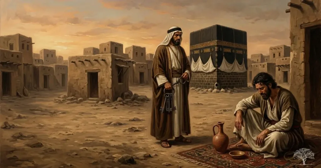 لوحة فنية تجسد قصة أبو غبشان قرب الكعبة المشرفة في مكة، في مشهد يرمز إلى التفريط في الشرف والمكانة مقابل مكسب زائل.