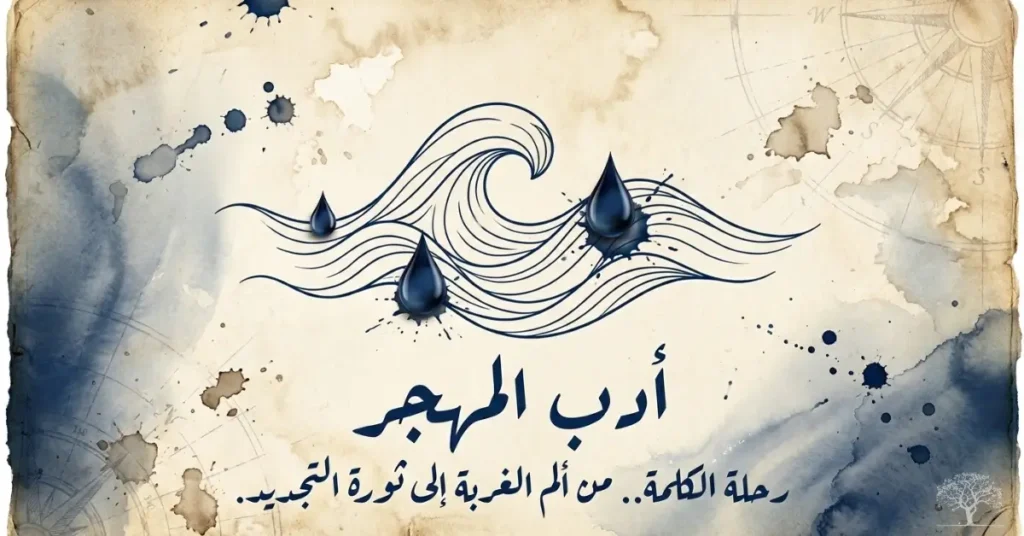 تصميم فني يرمز إلى أدب المهجر، يظهر قطرات حبر وأمواجًا متداخلة فوق خلفية ورقية قديمة مع عنوان حول رحلة الأدباء العرب من الغربة إلى التجديد الأدبي.